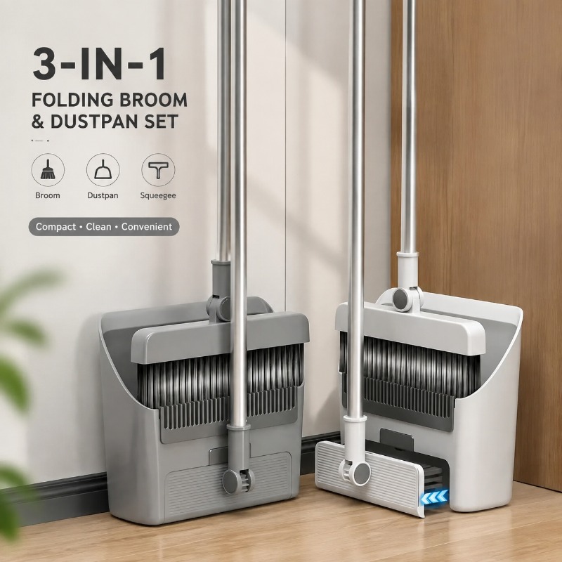 Squeegee Holder Screen - 3-in-1 Faltbares Besen-Kehrschaufel-Set, Stehende Bodenbürste mit